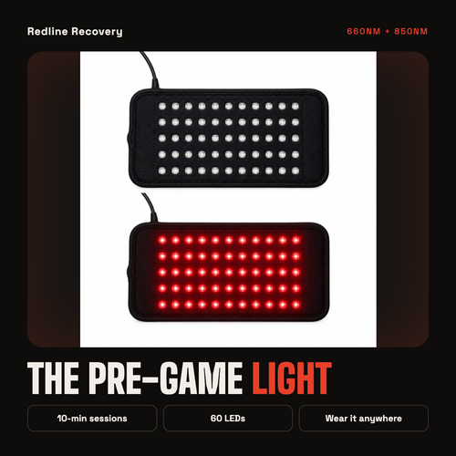 The Pre-Game Light red light therapy pad shown off and lit, with 60 red and near-infrared LEDs