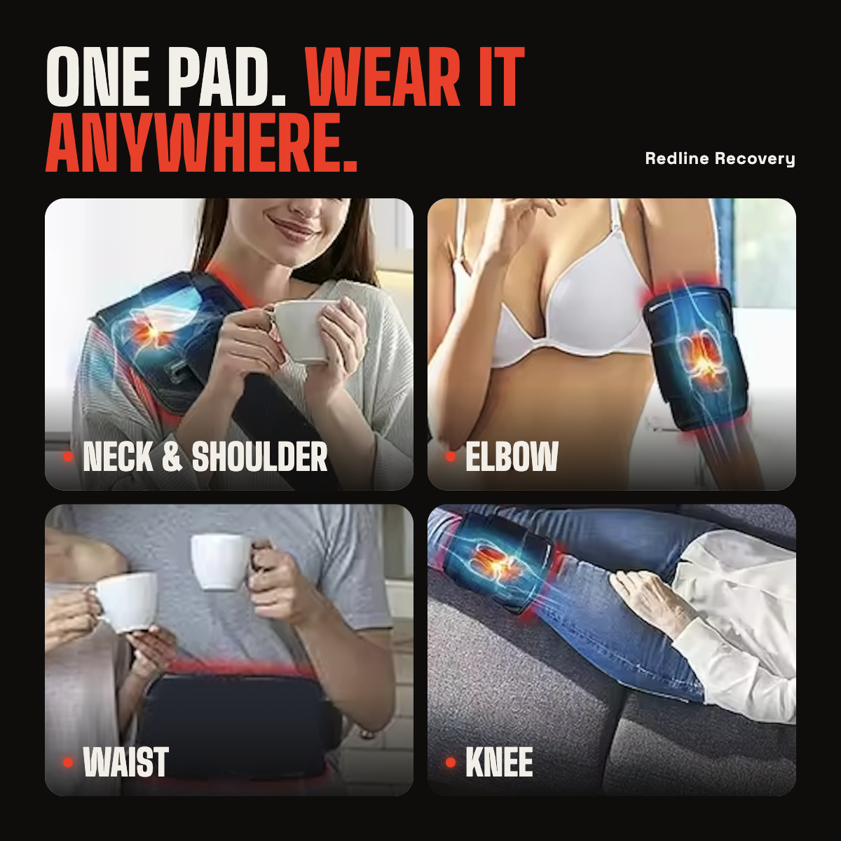 Red light therapy pad worn on the neck and shoulder, elbow, waist and knee
